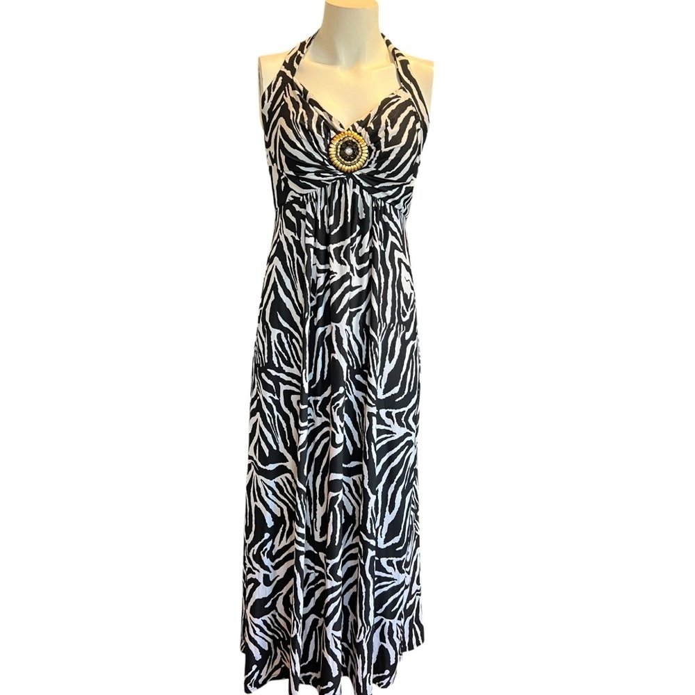 Isadora Elegant Zebra Print Halter Maxi Dress